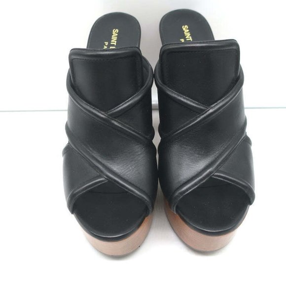 Saint Laurent Crisscross Platform Clog Sandals Black Leather Size 37 - Picture 4 of 11